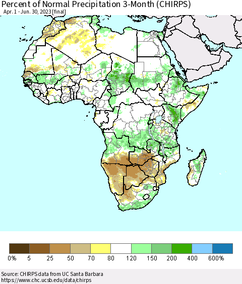 Africa Percent of Normal Precipitation 3-Month (CHIRPS) Thematic Map For 4/1/2023 - 6/30/2023