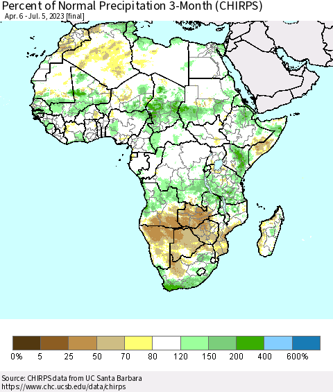 Africa Percent of Normal Precipitation 3-Month (CHIRPS) Thematic Map For 4/6/2023 - 7/5/2023