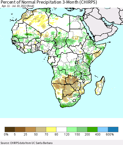 Africa Percent of Normal Precipitation 3-Month (CHIRPS) Thematic Map For 4/11/2023 - 7/10/2023