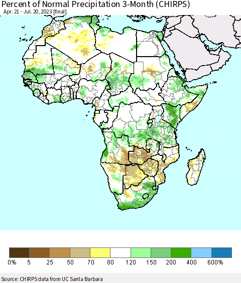 Africa Percent of Normal Precipitation 3-Month (CHIRPS) Thematic Map For 4/21/2023 - 7/20/2023