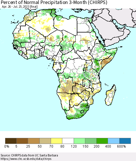 Africa Percent of Normal Precipitation 3-Month (CHIRPS) Thematic Map For 4/26/2023 - 7/25/2023