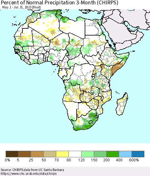 Africa Percent of Normal Precipitation 3-Month (CHIRPS) Thematic Map For 5/1/2023 - 7/31/2023