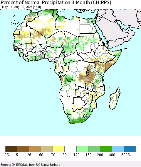 Africa Percent of Normal Precipitation 3-Month (CHIRPS) Thematic Map For 5/11/2023 - 8/10/2023
