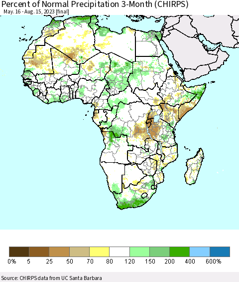 Africa Percent of Normal Precipitation 3-Month (CHIRPS) Thematic Map For 5/16/2023 - 8/15/2023