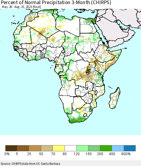 Africa Percent of Normal Precipitation 3-Month (CHIRPS) Thematic Map For 5/26/2023 - 8/25/2023
