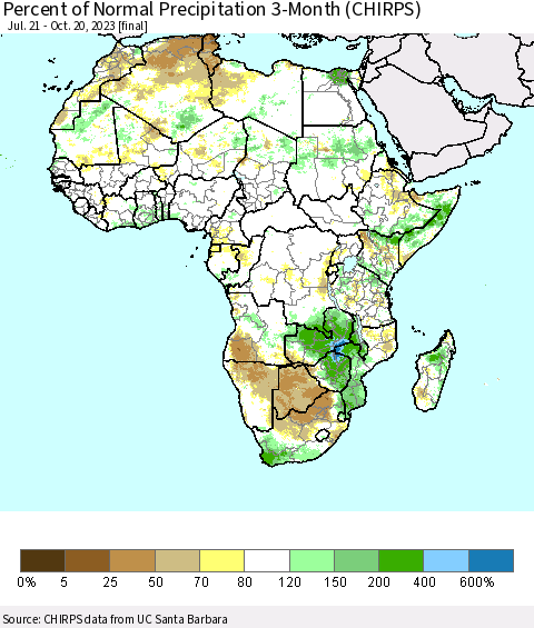 Africa Percent of Normal Precipitation 3-Month (CHIRPS) Thematic Map For 7/21/2023 - 10/20/2023