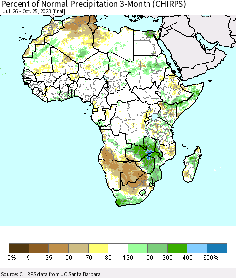 Africa Percent of Normal Precipitation 3-Month (CHIRPS) Thematic Map For 7/26/2023 - 10/25/2023