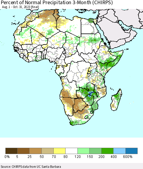 Africa Percent of Normal Precipitation 3-Month (CHIRPS) Thematic Map For 8/1/2023 - 10/31/2023