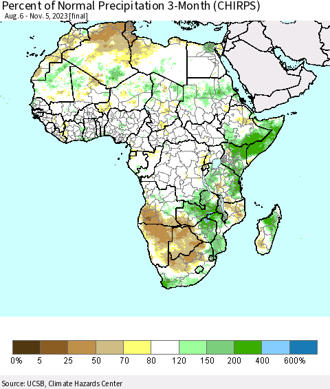 Africa Percent of Normal Precipitation 3-Month (CHIRPS) Thematic Map For 8/6/2023 - 11/5/2023