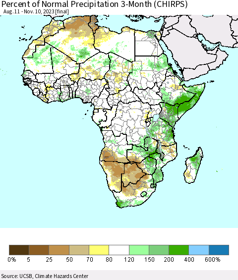 Africa Percent of Normal Precipitation 3-Month (CHIRPS) Thematic Map For 8/11/2023 - 11/10/2023