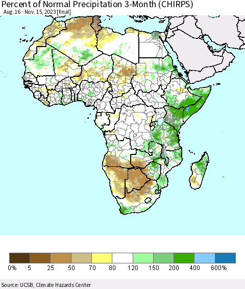 Africa Percent of Normal Precipitation 3-Month (CHIRPS) Thematic Map For 8/16/2023 - 11/15/2023