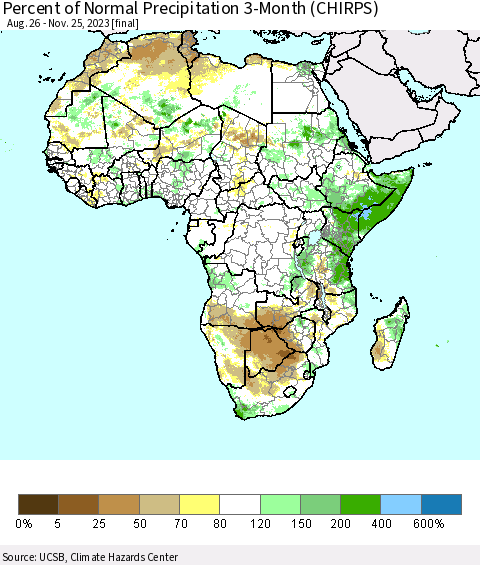 Africa Percent of Normal Precipitation 3-Month (CHIRPS) Thematic Map For 8/26/2023 - 11/25/2023