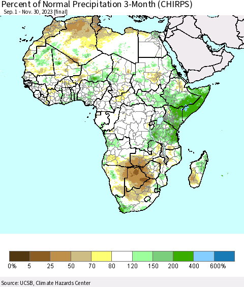 Africa Percent of Normal Precipitation 3-Month (CHIRPS) Thematic Map For 9/1/2023 - 11/30/2023