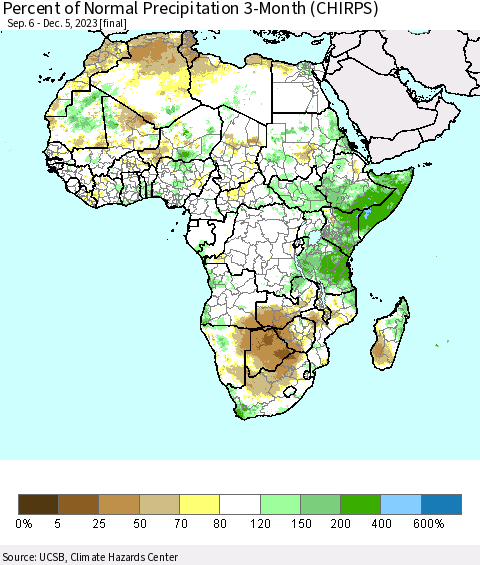 Africa Percent of Normal Precipitation 3-Month (CHIRPS) Thematic Map For 9/6/2023 - 12/5/2023