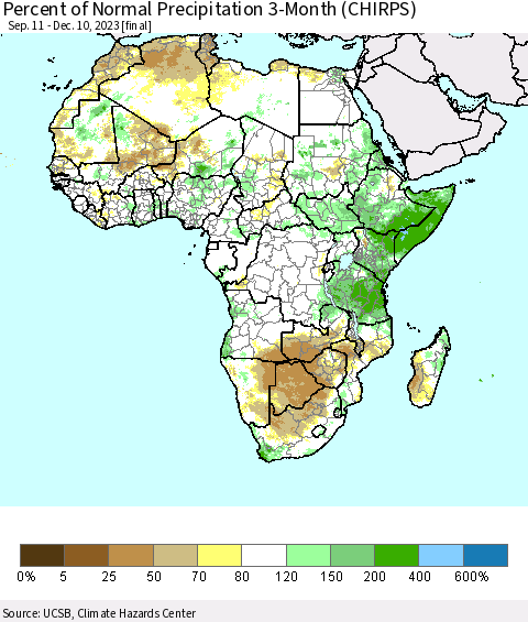 Africa Percent of Normal Precipitation 3-Month (CHIRPS) Thematic Map For 9/11/2023 - 12/10/2023