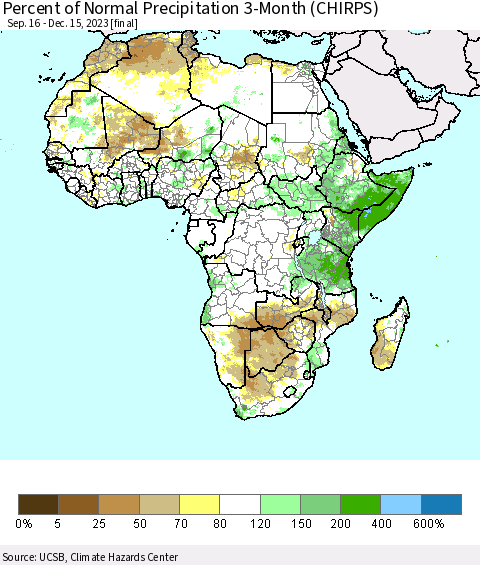 Africa Percent of Normal Precipitation 3-Month (CHIRPS) Thematic Map For 9/16/2023 - 12/15/2023