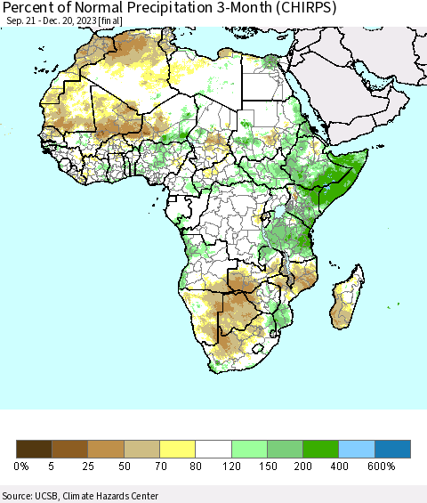 Africa Percent of Normal Precipitation 3-Month (CHIRPS) Thematic Map For 9/21/2023 - 12/20/2023