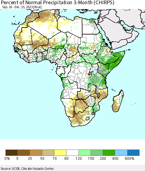 Africa Percent of Normal Precipitation 3-Month (CHIRPS) Thematic Map For 9/26/2023 - 12/25/2023