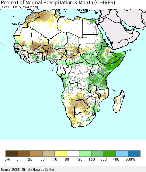 Africa Percent of Normal Precipitation 3-Month (CHIRPS) Thematic Map For 10/6/2023 - 1/5/2024