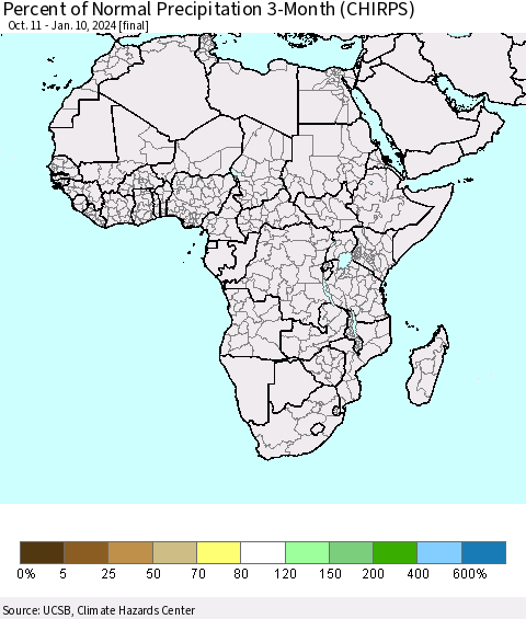 Africa Percent of Normal Precipitation 3-Month (CHIRPS) Thematic Map For 10/11/2023 - 1/10/2024