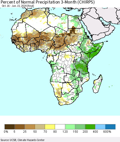 Africa Percent of Normal Precipitation 3-Month (CHIRPS) Thematic Map For 10/16/2023 - 1/15/2024