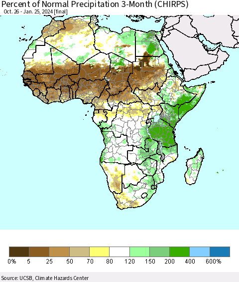 Africa Percent of Normal Precipitation 3-Month (CHIRPS) Thematic Map For 10/26/2023 - 1/25/2024