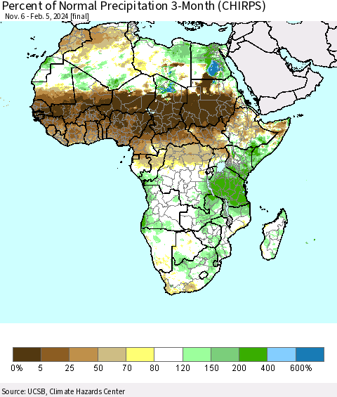 Africa Percent of Normal Precipitation 3-Month (CHIRPS) Thematic Map For 11/6/2023 - 2/5/2024