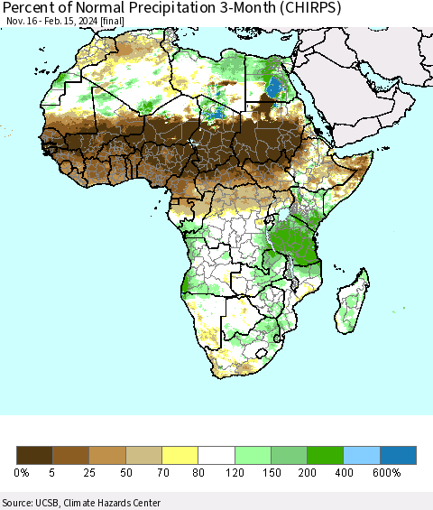 Africa Percent of Normal Precipitation 3-Month (CHIRPS) Thematic Map For 11/16/2023 - 2/15/2024