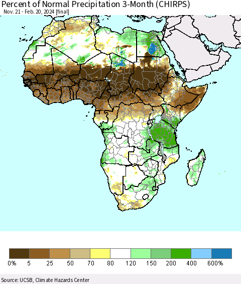 Africa Percent of Normal Precipitation 3-Month (CHIRPS) Thematic Map For 11/21/2023 - 2/20/2024