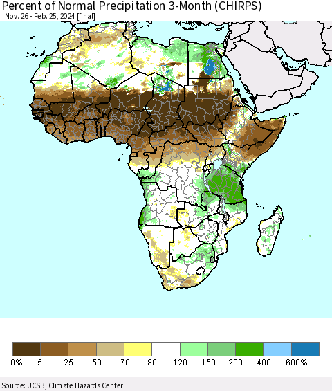 Africa Percent of Normal Precipitation 3-Month (CHIRPS) Thematic Map For 11/26/2023 - 2/25/2024