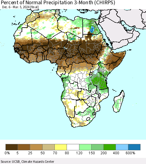 Africa Percent of Normal Precipitation 3-Month (CHIRPS) Thematic Map For 12/6/2023 - 3/5/2024