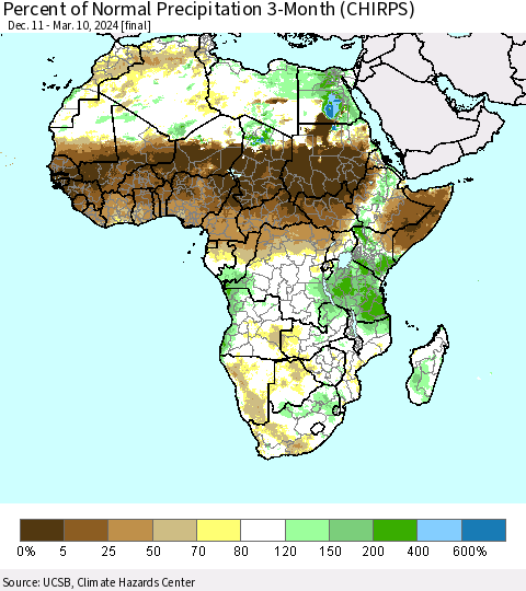 Africa Percent of Normal Precipitation 3-Month (CHIRPS) Thematic Map For 12/11/2023 - 3/10/2024