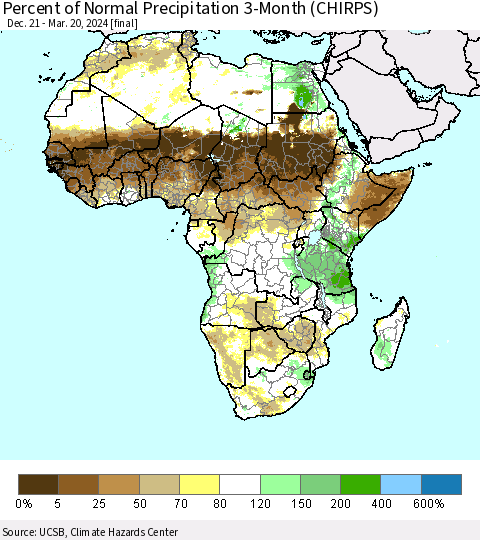 Africa Percent of Normal Precipitation 3-Month (CHIRPS) Thematic Map For 12/21/2023 - 3/20/2024