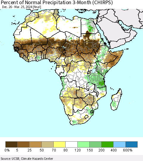 Africa Percent of Normal Precipitation 3-Month (CHIRPS) Thematic Map For 12/26/2023 - 3/25/2024