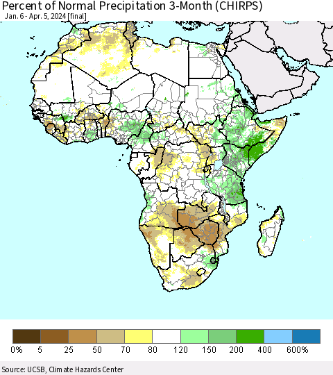 Africa Percent of Normal Precipitation 3-Month (CHIRPS) Thematic Map For 1/6/2024 - 4/5/2024