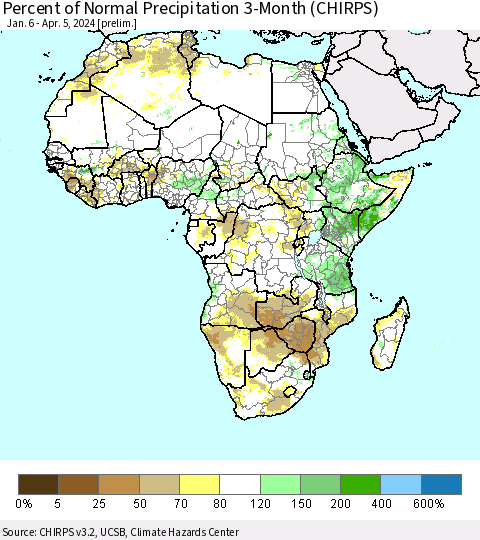 Africa Percent of Normal Precipitation 3-Month (CHIRPS) Thematic Map For 1/6/2024 - 4/5/2024