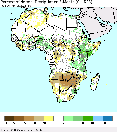 Africa Percent of Normal Precipitation 3-Month (CHIRPS) Thematic Map For 1/16/2024 - 4/15/2024