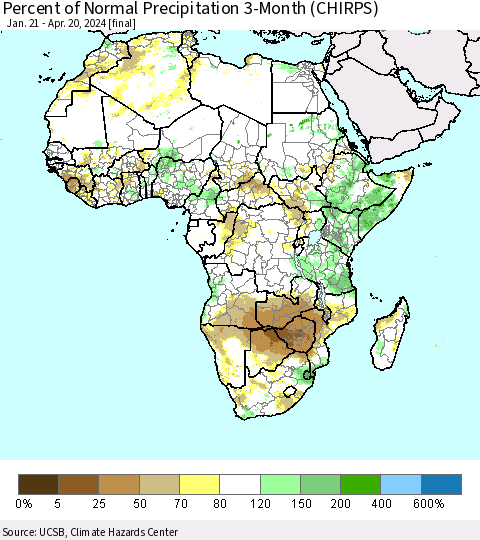 Africa Percent of Normal Precipitation 3-Month (CHIRPS) Thematic Map For 1/21/2024 - 4/20/2024