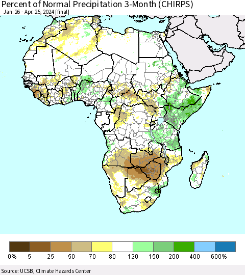 Africa Percent of Normal Precipitation 3-Month (CHIRPS) Thematic Map For 1/26/2024 - 4/25/2024