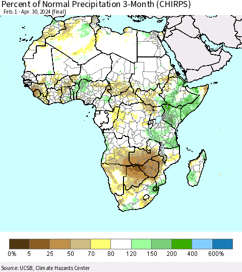 Africa Percent of Normal Precipitation 3-Month (CHIRPS) Thematic Map For 2/1/2024 - 4/30/2024
