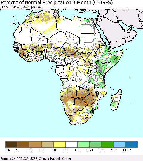 Africa Percent of Normal Precipitation 3-Month (CHIRPS) Thematic Map For 2/6/2024 - 5/5/2024