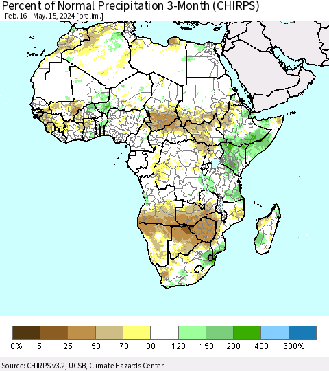 Africa Percent of Normal Precipitation 3-Month (CHIRPS) Thematic Map For 2/16/2024 - 5/15/2024