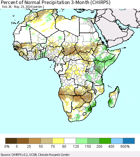 Africa Percent of Normal Precipitation 3-Month (CHIRPS) Thematic Map For 2/26/2024 - 5/25/2024