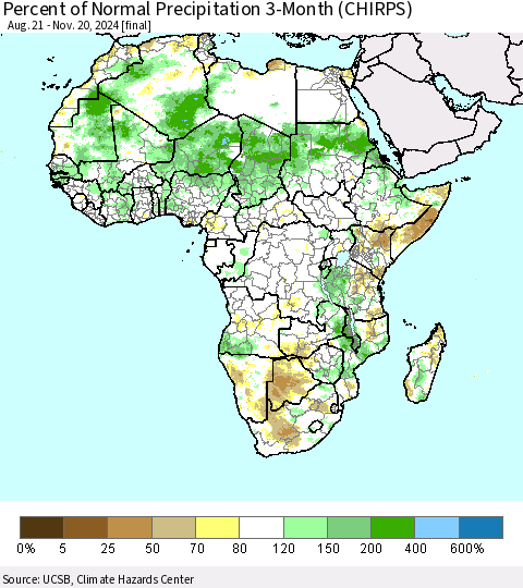 Africa Percent of Normal Precipitation 3-Month (CHIRPS) Thematic Map For 8/21/2024 - 11/20/2024