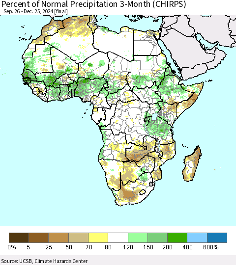 Africa Percent of Normal Precipitation 3-Month (CHIRPS) Thematic Map For 9/26/2024 - 12/25/2024
