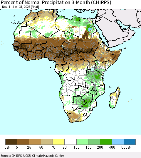 Africa Percent of Normal Precipitation 3-Month (CHIRPS) Thematic Map For 11/1/2024 - 1/31/2025