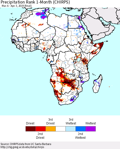 Africa Precipitation Rank since 1981, 1-Month (CHIRPS) Thematic Map For 3/6/2019 - 4/5/2019