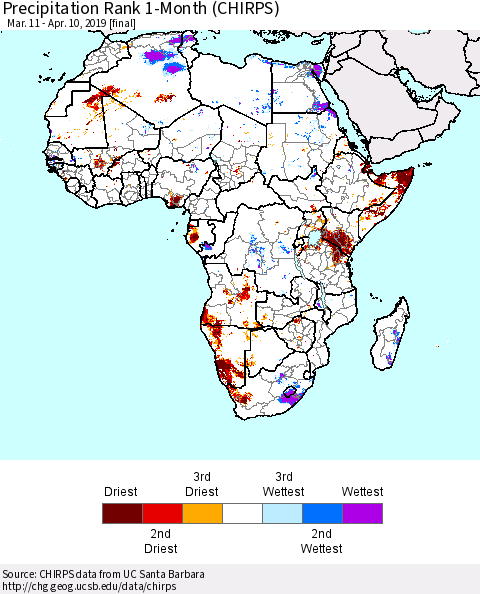 Africa Precipitation Rank since 1981, 1-Month (CHIRPS) Thematic Map For 3/11/2019 - 4/10/2019