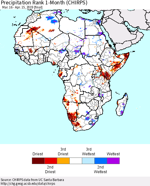 Africa Precipitation Rank since 1981, 1-Month (CHIRPS) Thematic Map For 3/16/2019 - 4/15/2019