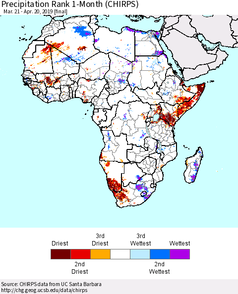 Africa Precipitation Rank since 1981, 1-Month (CHIRPS) Thematic Map For 3/21/2019 - 4/20/2019